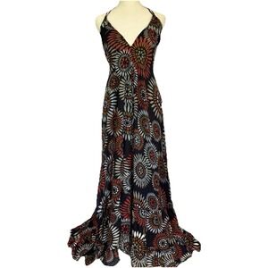 Boho Floral Maxi Dress M Indie Festival Resort Retro 70s Tiered Open Back Gauze